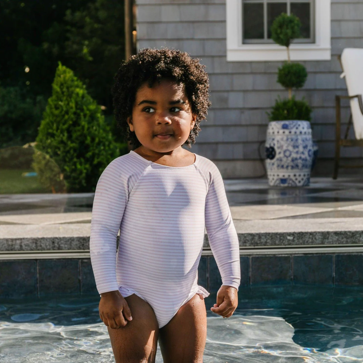 Pink and white striped long sleeve suit for her with leg ruffles 