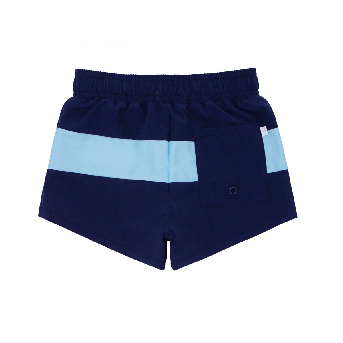 Navy boardie shorts with a light blue stripe on a white background.