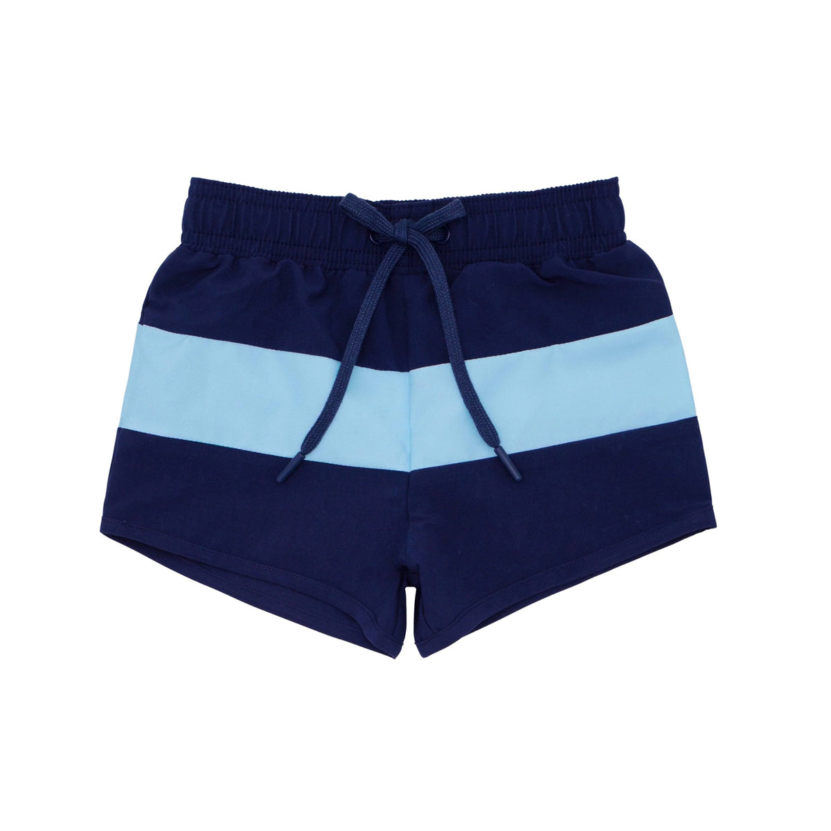 Navy blue boardie shorts with light blue stripes on a white background.