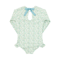 Green floral-patterned swimsuit with long sleeves, back bow and ruffles at the leg opening 
