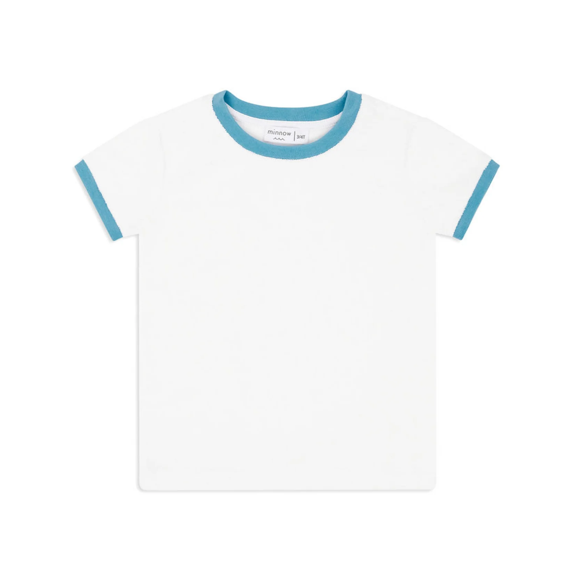 White short sleeved t-shirt with blue trim on a white background.