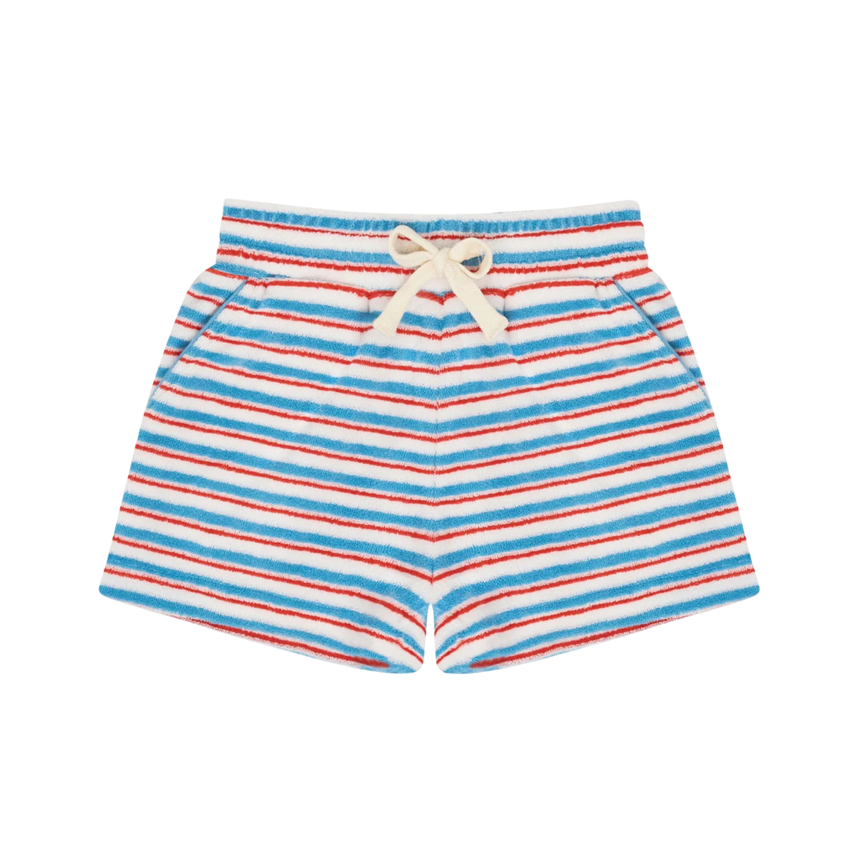 Striped shorts with red, blue, and white pattern on a white background