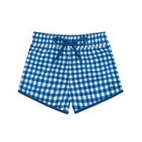 Blue and white checkered boardie shorts on a white background