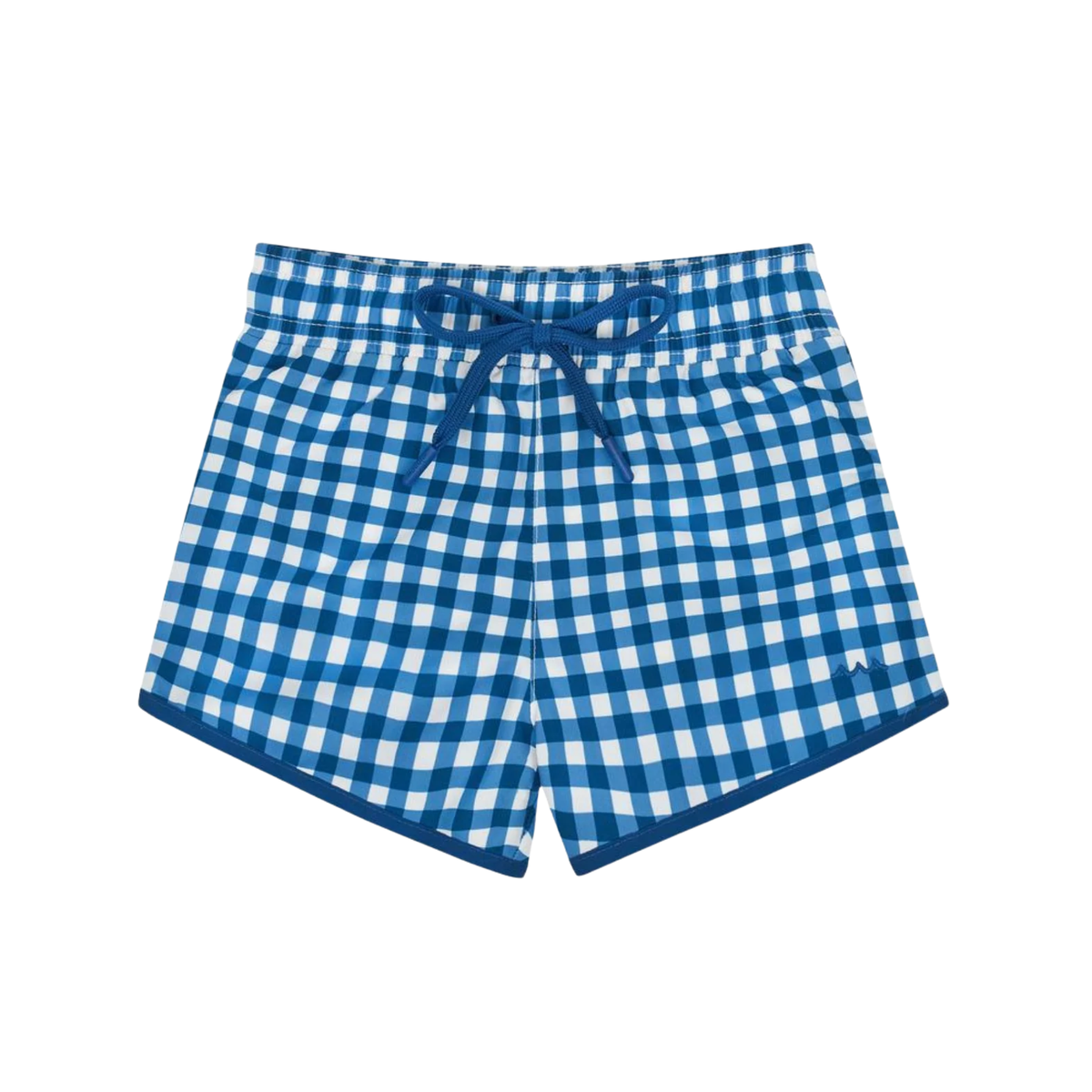 Blue and white checkered boardie shorts on a white background