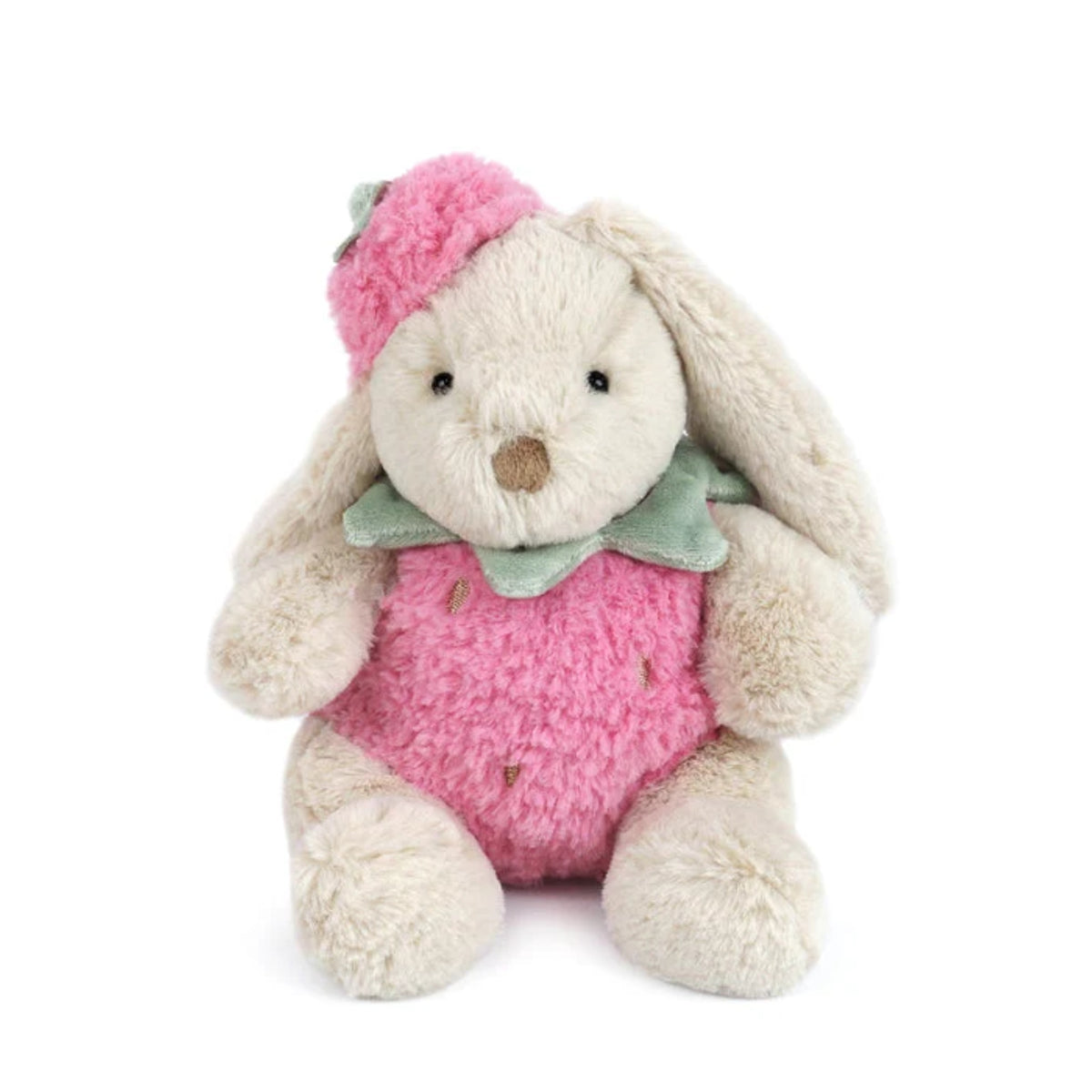 Plush toy rabbit in a pink strawberry  outfit and hat on a white background.