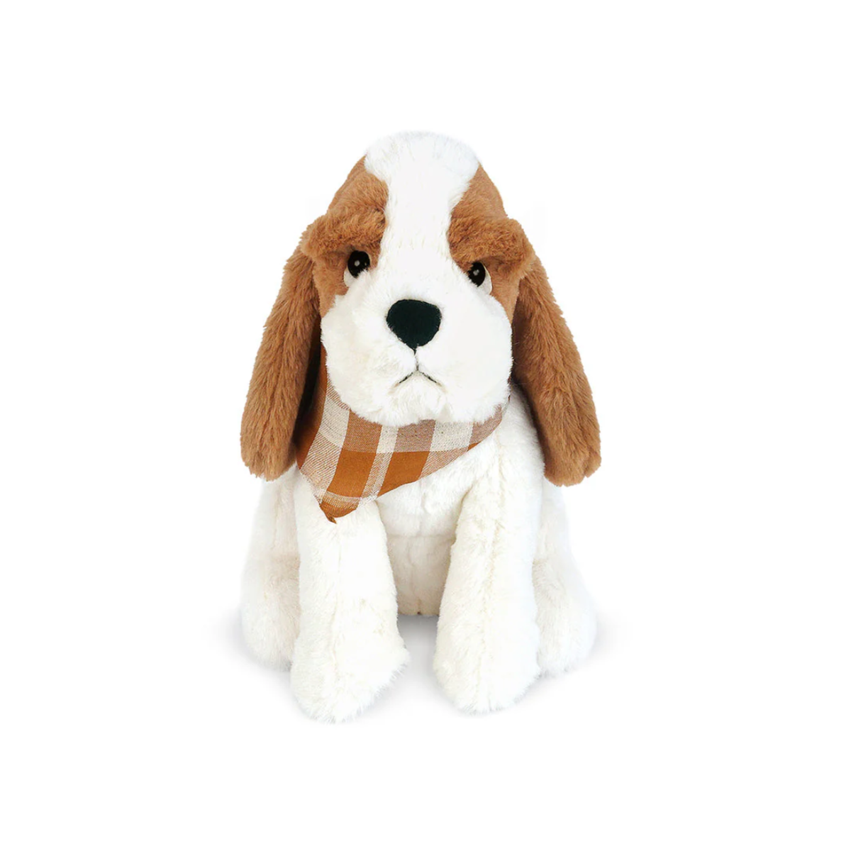 Stuffed bassett hound dog toy with a plaid scarf on a white background.
