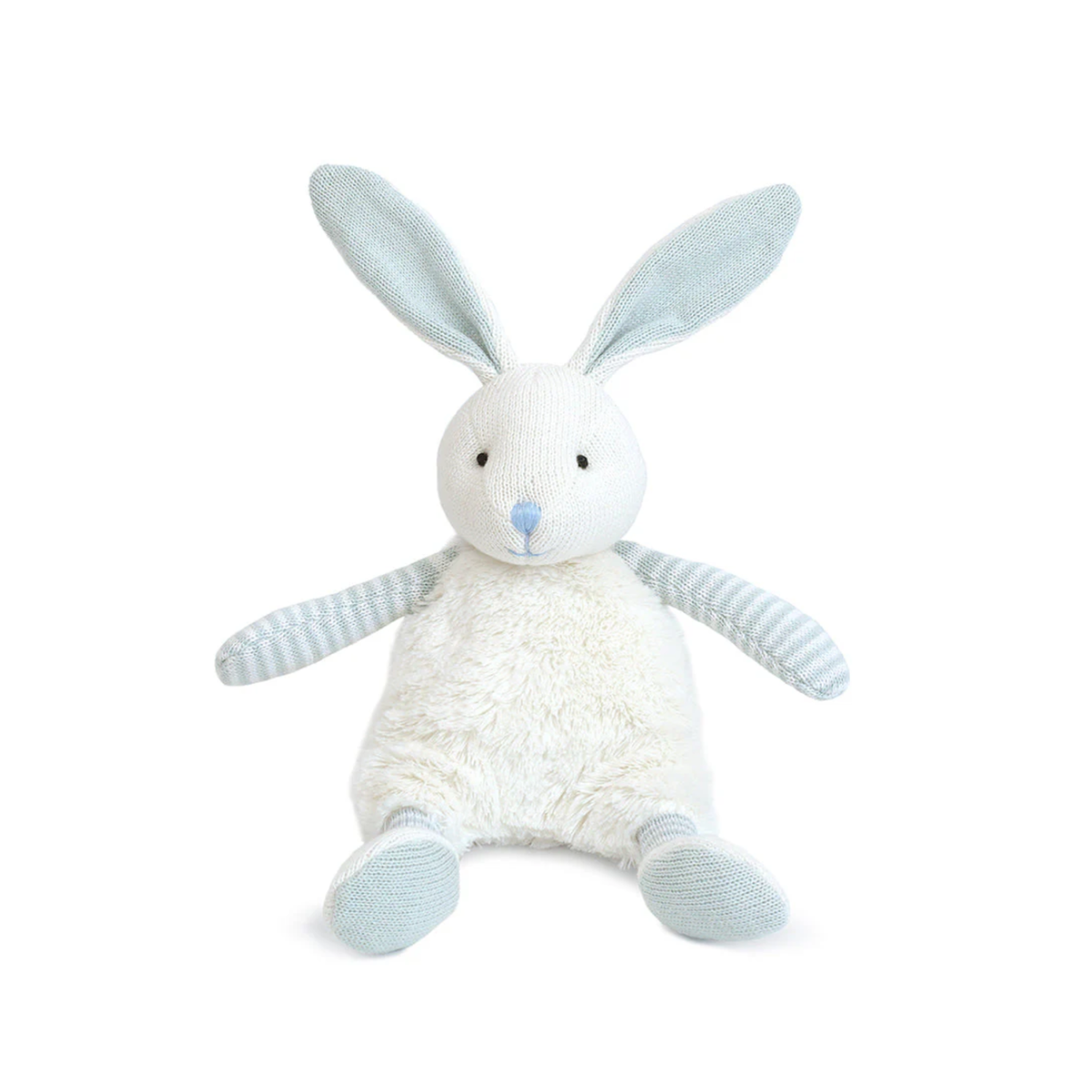 White plush bunny toy with blue and white striped arms shown on a white background.