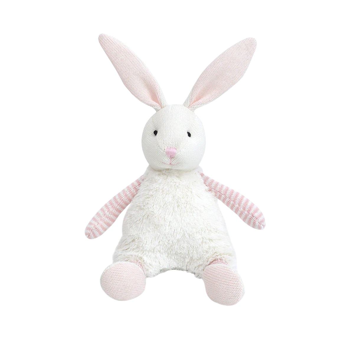 White plush bunny toy with pink and white striped arms shown on a white background.