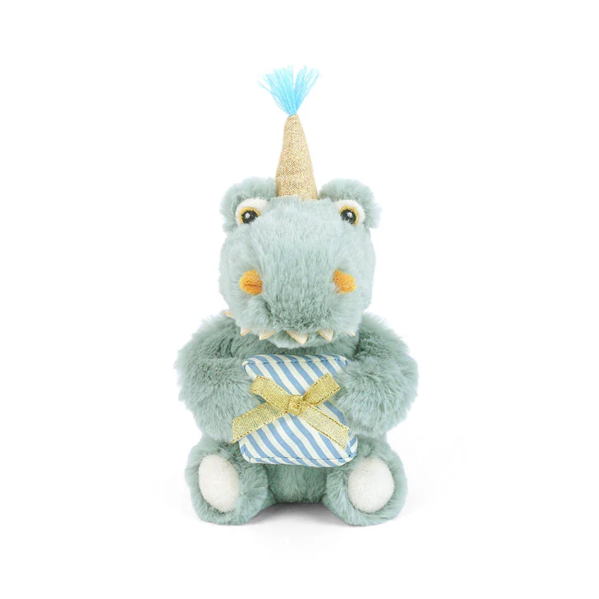 Plush toy hippo wearing a party hat and holding a striped gift box on a white background.
