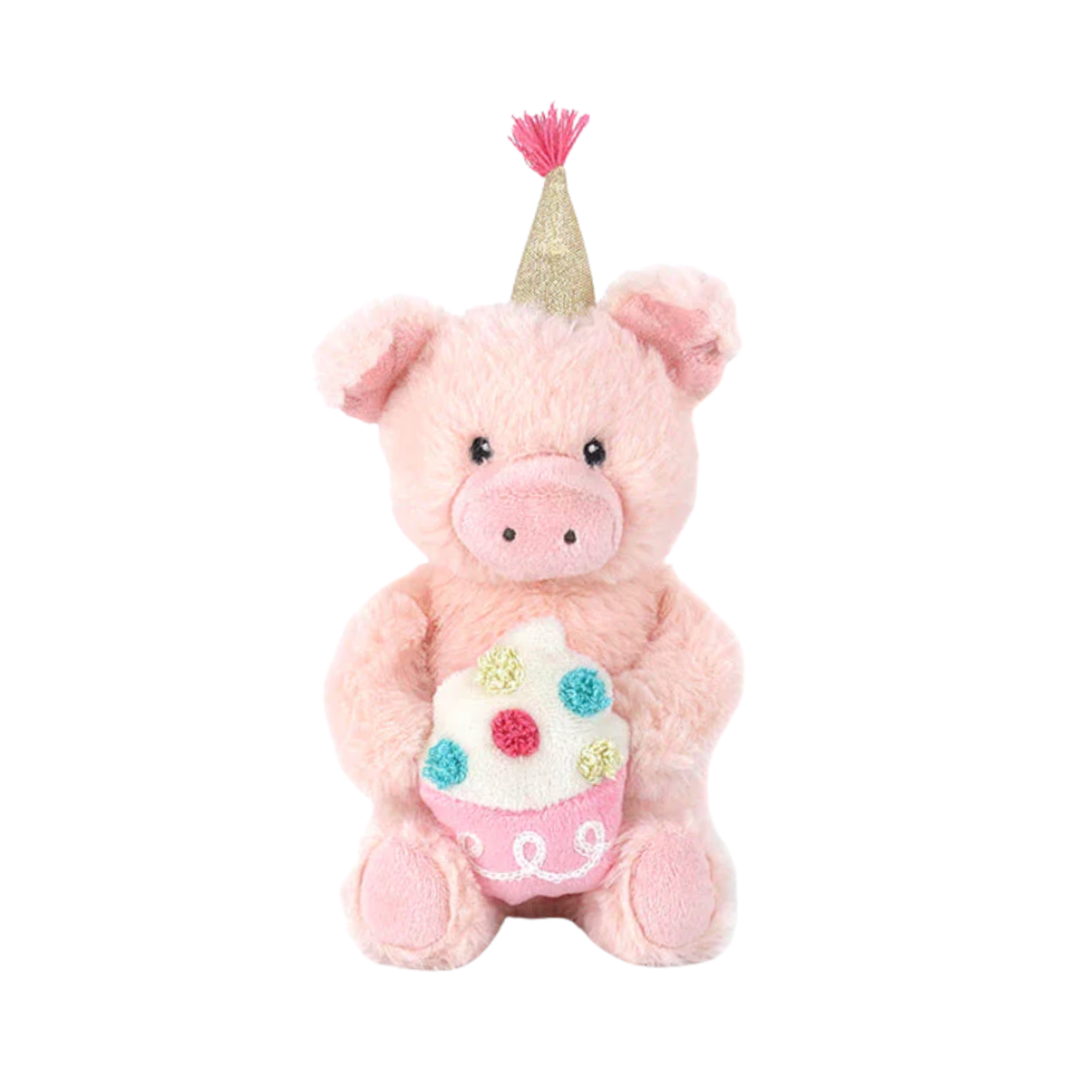 Plush toy pig with a party hat and cupcake on a white background.