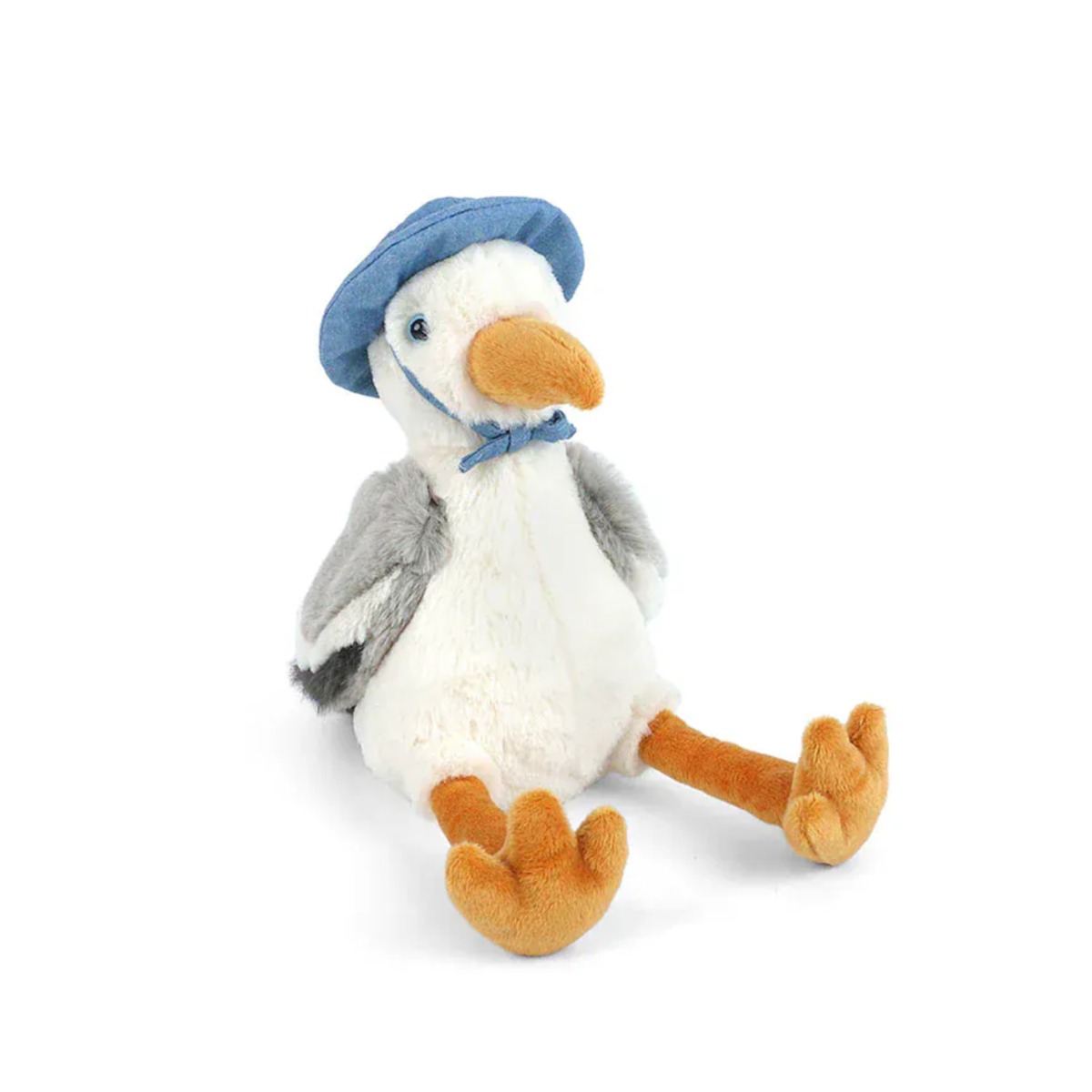 Plush toy seagull with a blue hat on a white background.