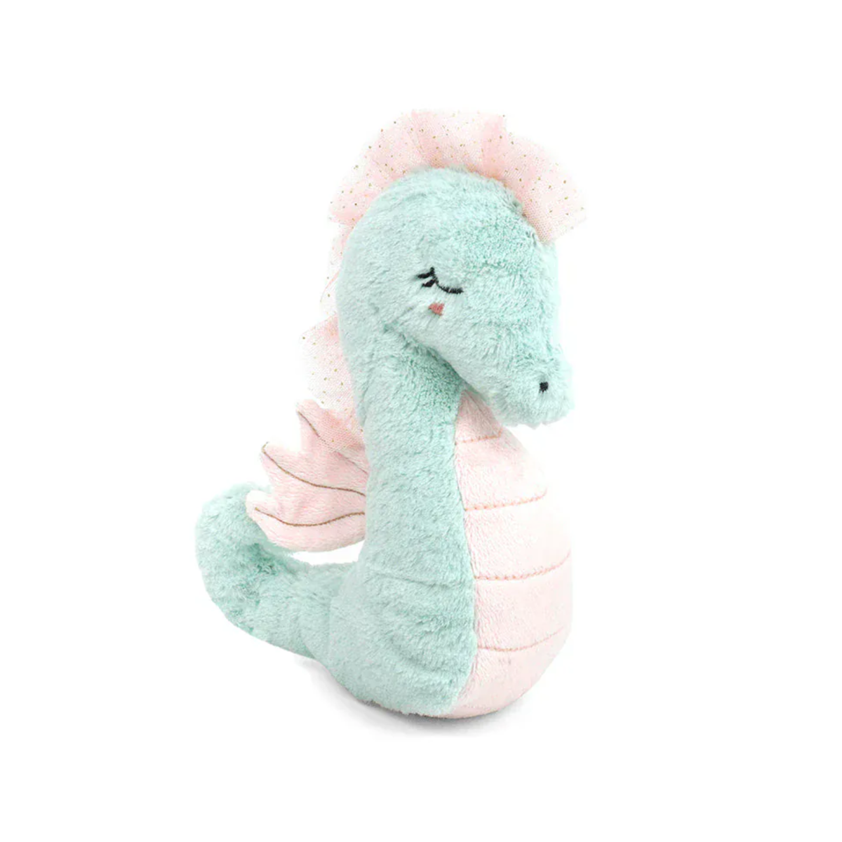 Plush toy seahorse with pink mane and fins on a white background.