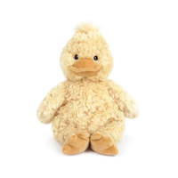 Plush yellow duck toy on a white background.
