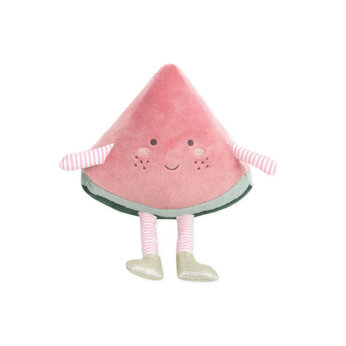 Plush toy shaped like a watermelon slice with a smiling face on a white background.