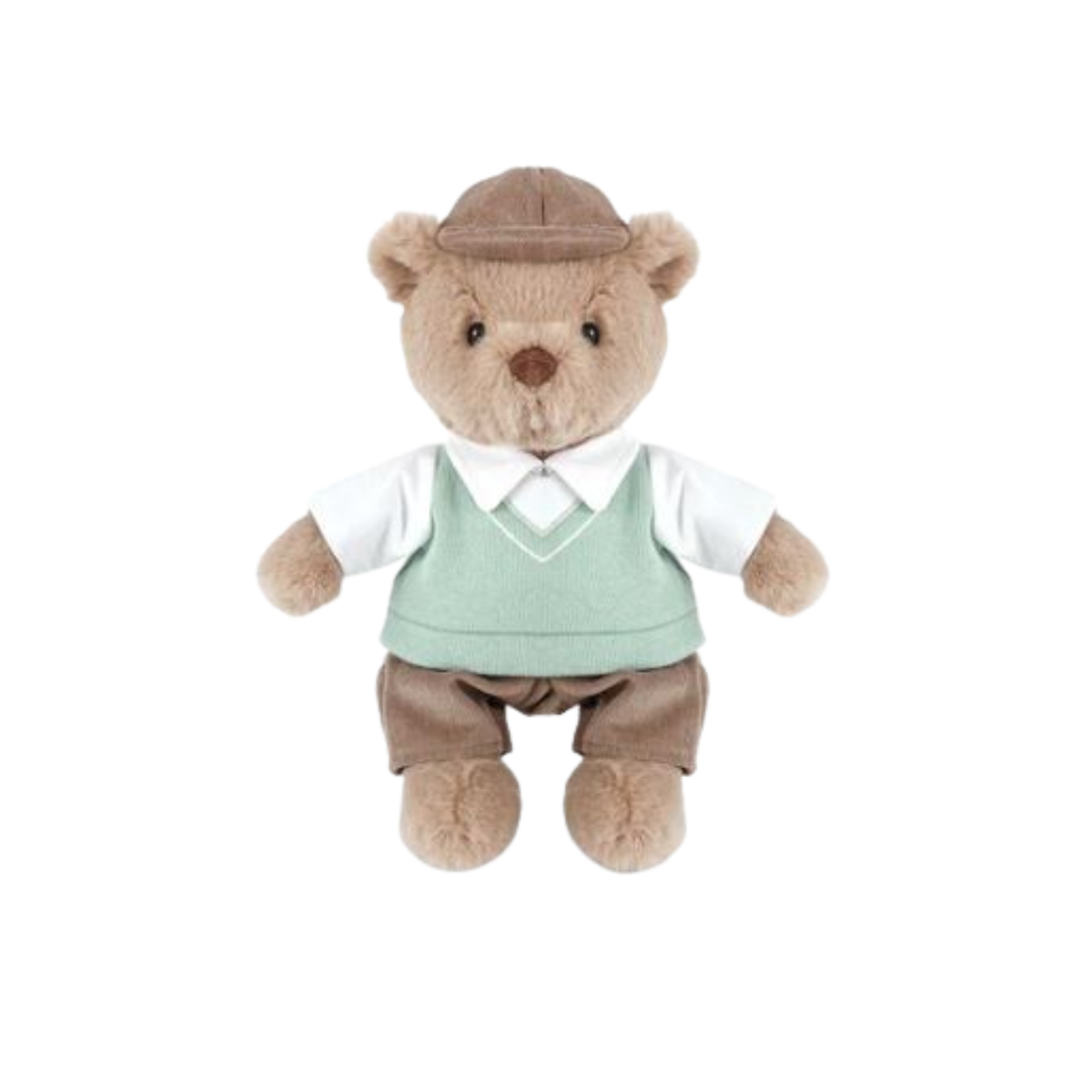 Plush toy bear wearing a golfing outfit including a hat, shirt, vest, and pants on a white background.