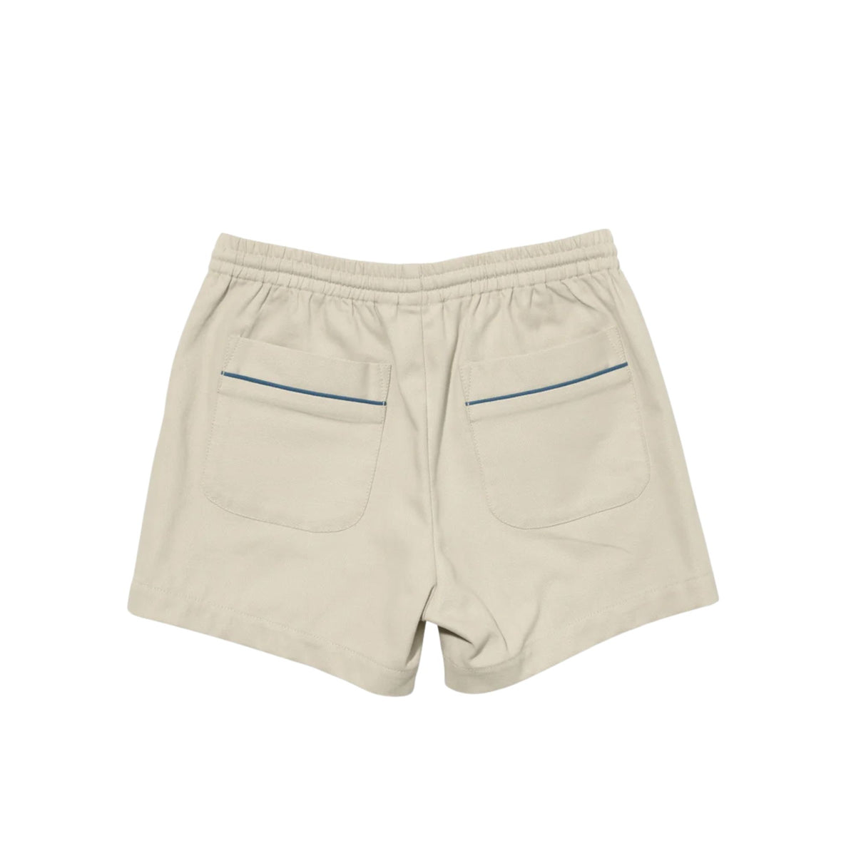 Beige shorts with an elastic waistband, two large back patch pockets, and thin blue piping accents along the pocket edges, shown from the back on a white background.