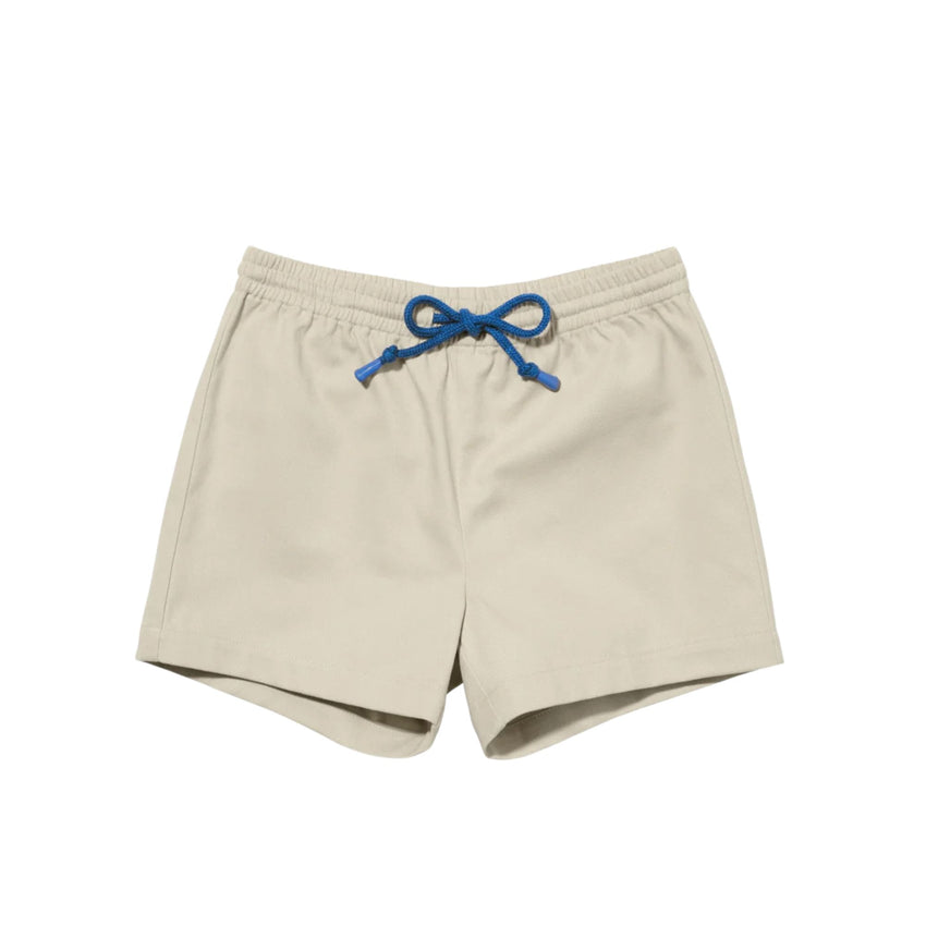 Beige drawstring shorts with a blue tie, shown flat on a white background.