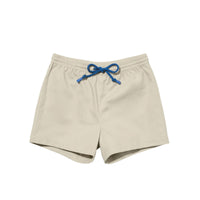 Beige drawstring shorts with a blue tie, shown flat on a white background.