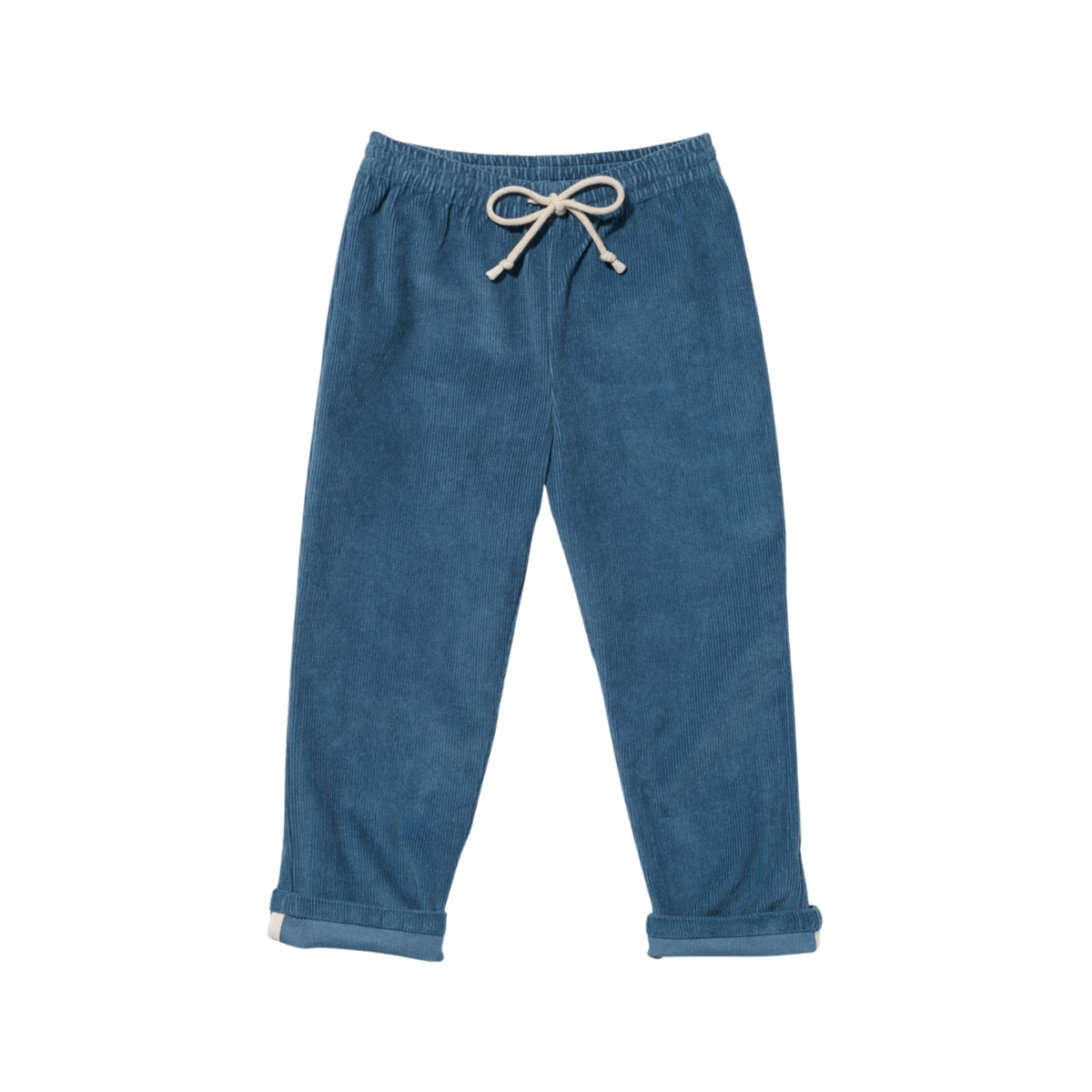 Blue corduroy pants with a drawstring and rolled cuffs on a white background.
