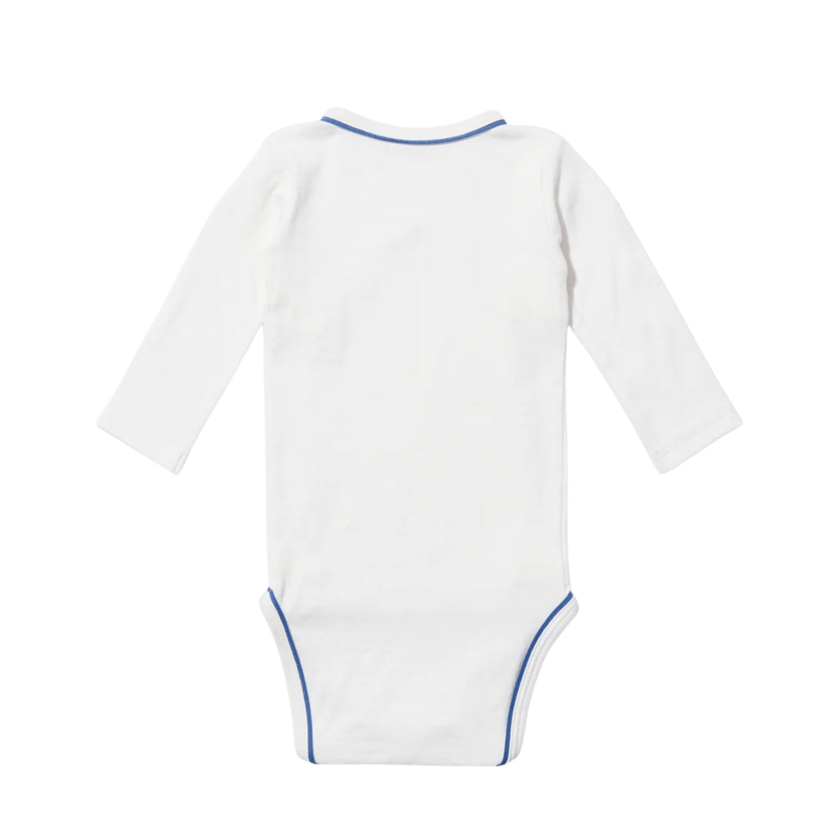 Back view of crossbody one-piece, long sleeved baby onesie with navy piping on a white background.