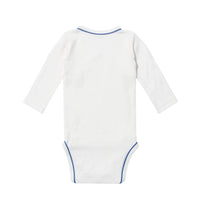 Back view of crossbody one-piece, long sleeved baby onesie with navy piping on a white background.