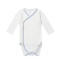 White crossbody one-piece with blue trim and  long sleeves on a white background.
