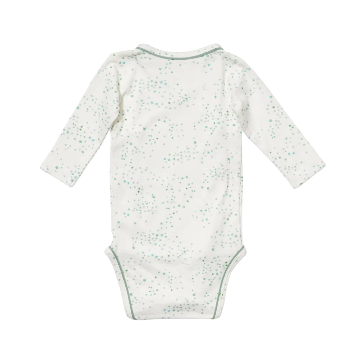 A long-sleeve baby bodysuit shown from the back, featuring a white base with a scattered mint green star pattern and matching green piping along the neckline, armholes, and crotch.
