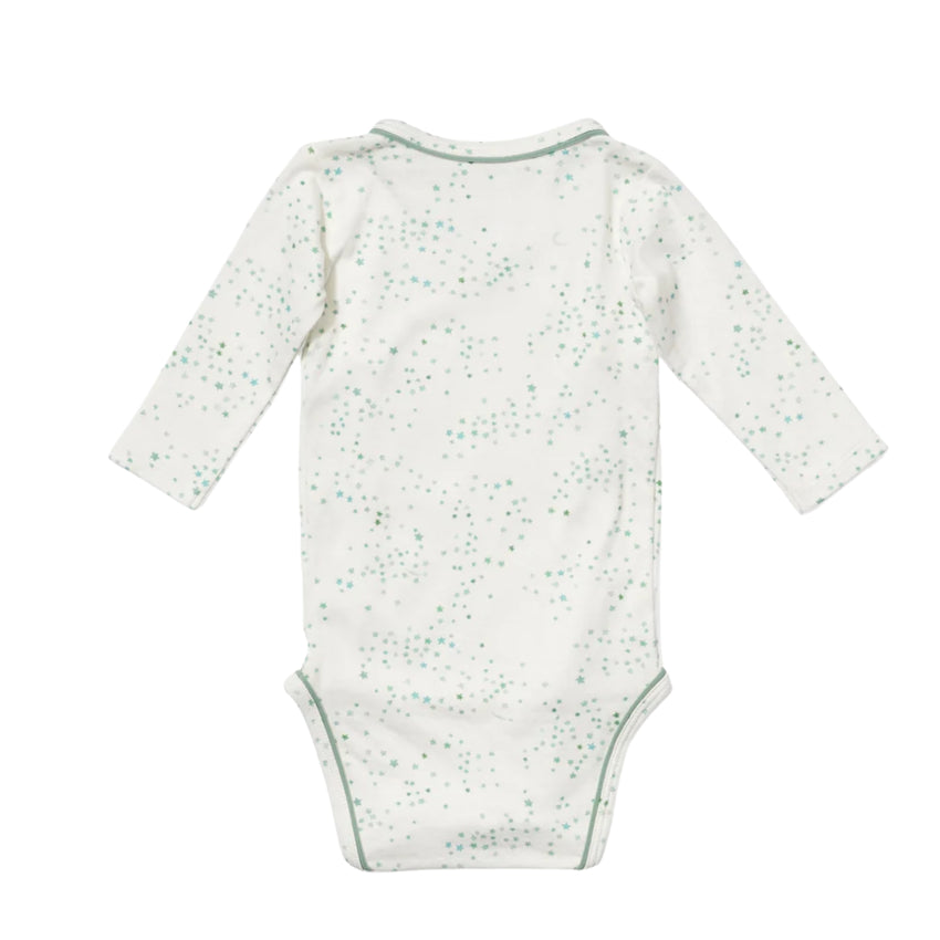 A long-sleeve baby bodysuit shown from the back, featuring a white base with a scattered mint green star pattern and matching green piping along the neckline, armholes, and crotch.