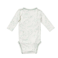 A long-sleeve baby bodysuit shown from the back, featuring a white base with a scattered mint green star pattern and matching green piping along the neckline, armholes, and crotch.