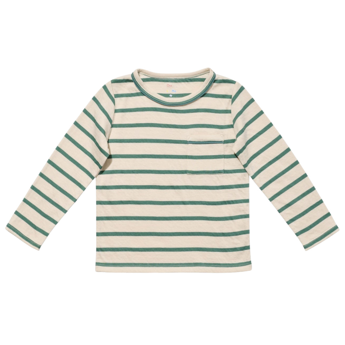 Green and white striped long-sleeve shirt on a white background.