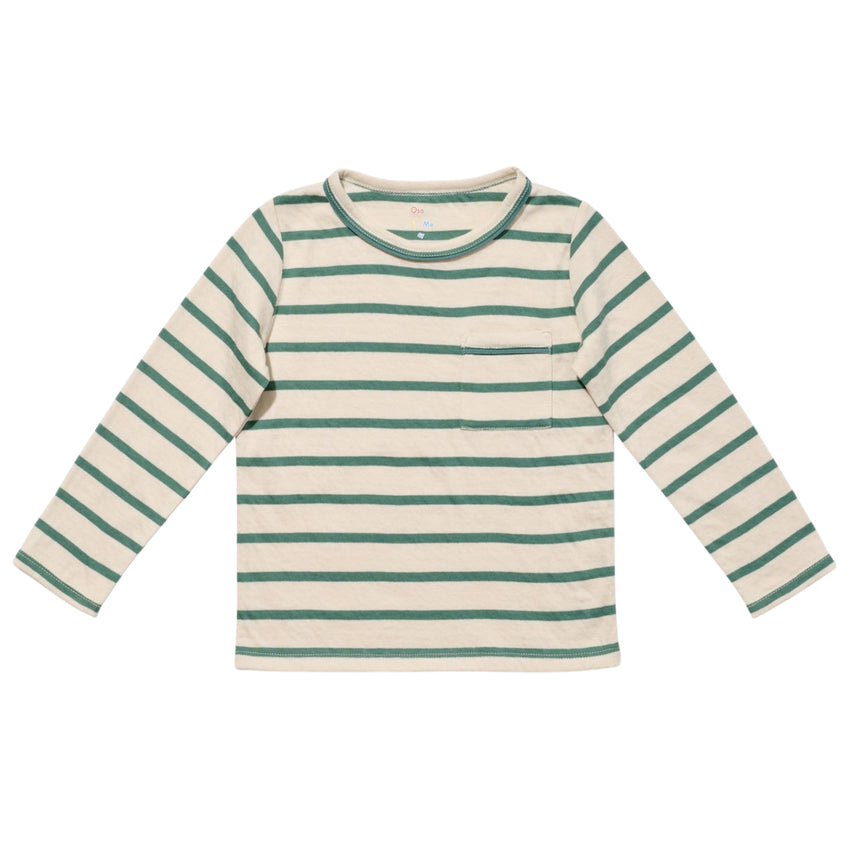 Green and white striped long-sleeve shirt on a white background.