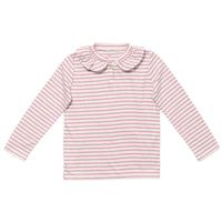 Pink and white striped shirt with a collar on a white background.