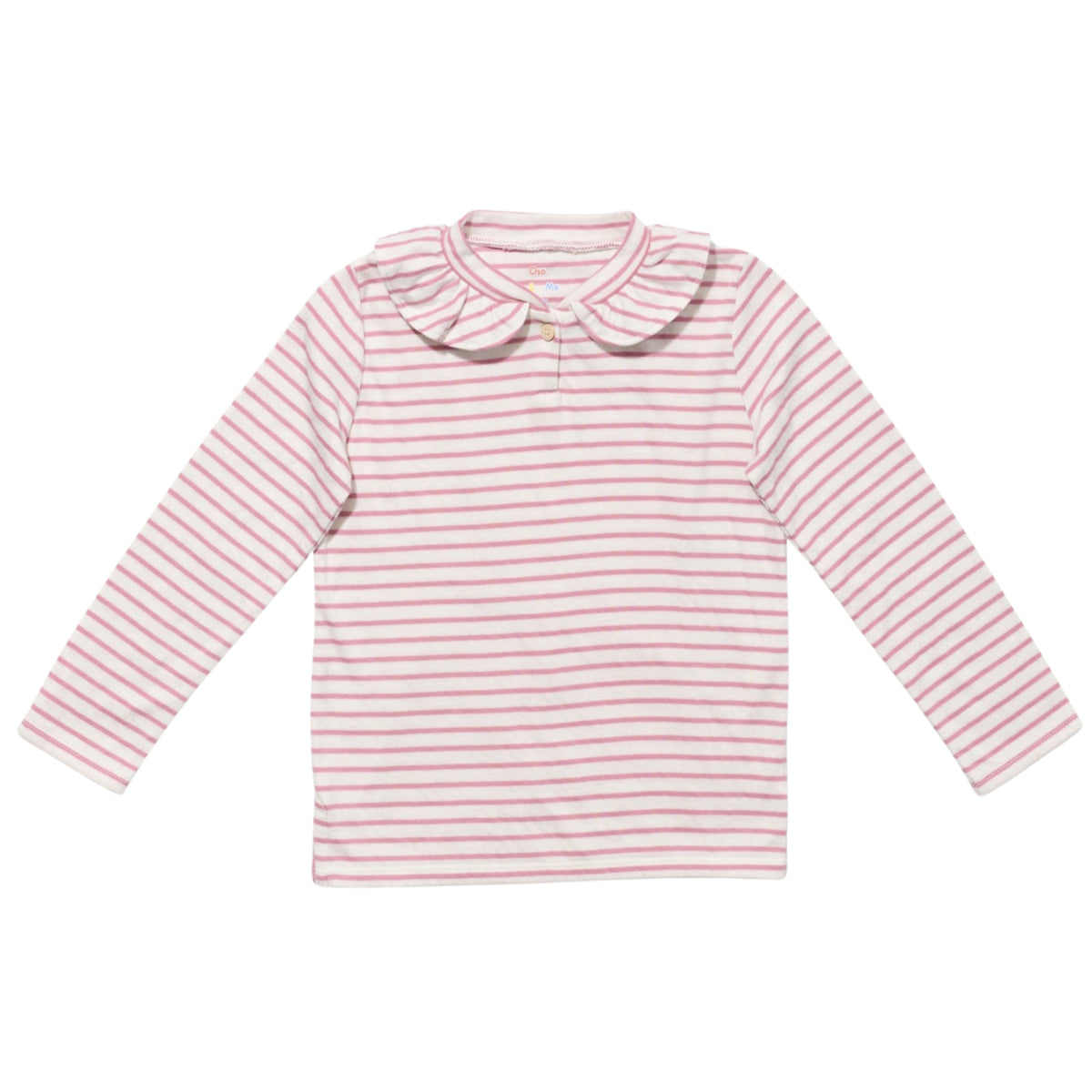 Pink and white striped shirt with a collar on a white background.