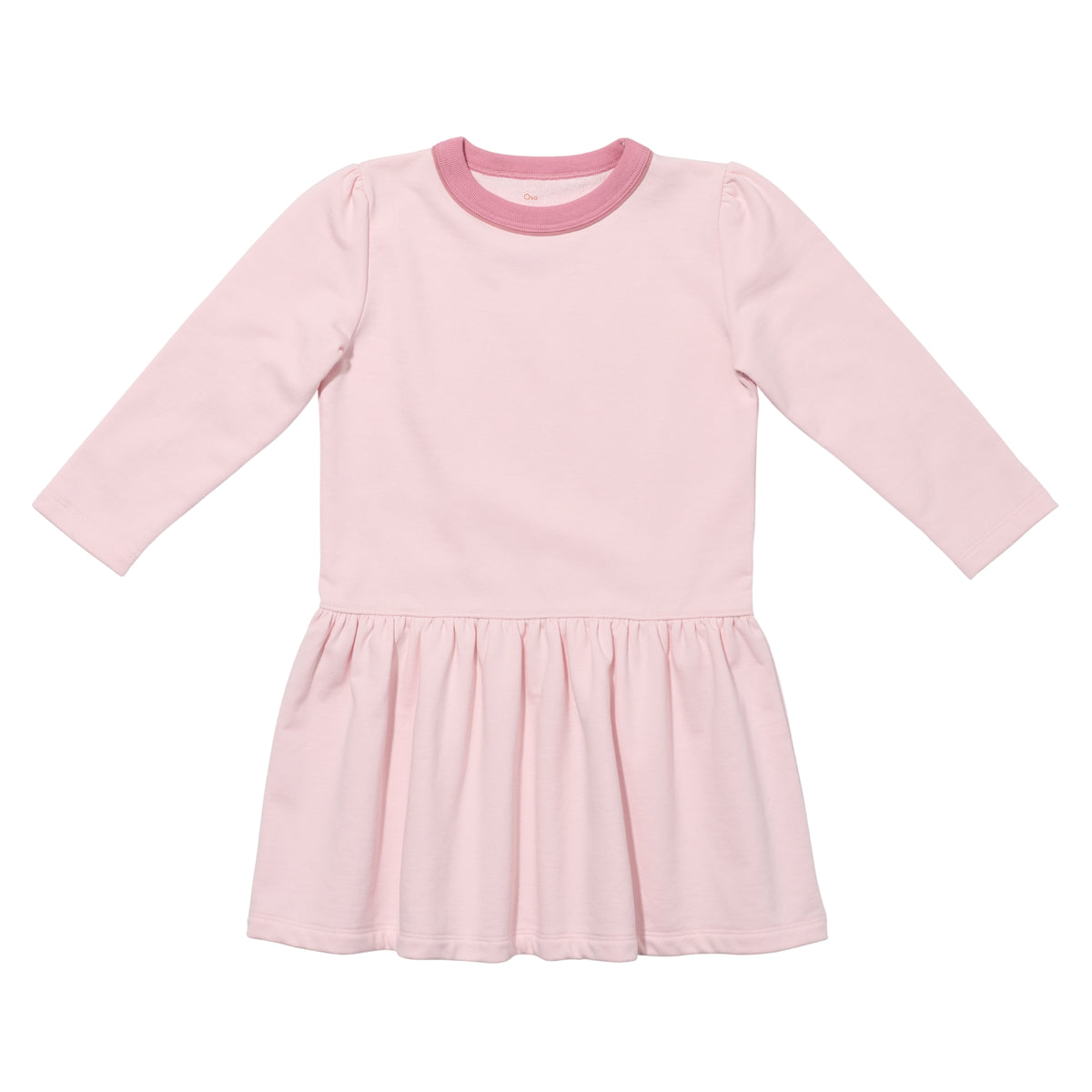 Pink dress with long sleeves on a white background.