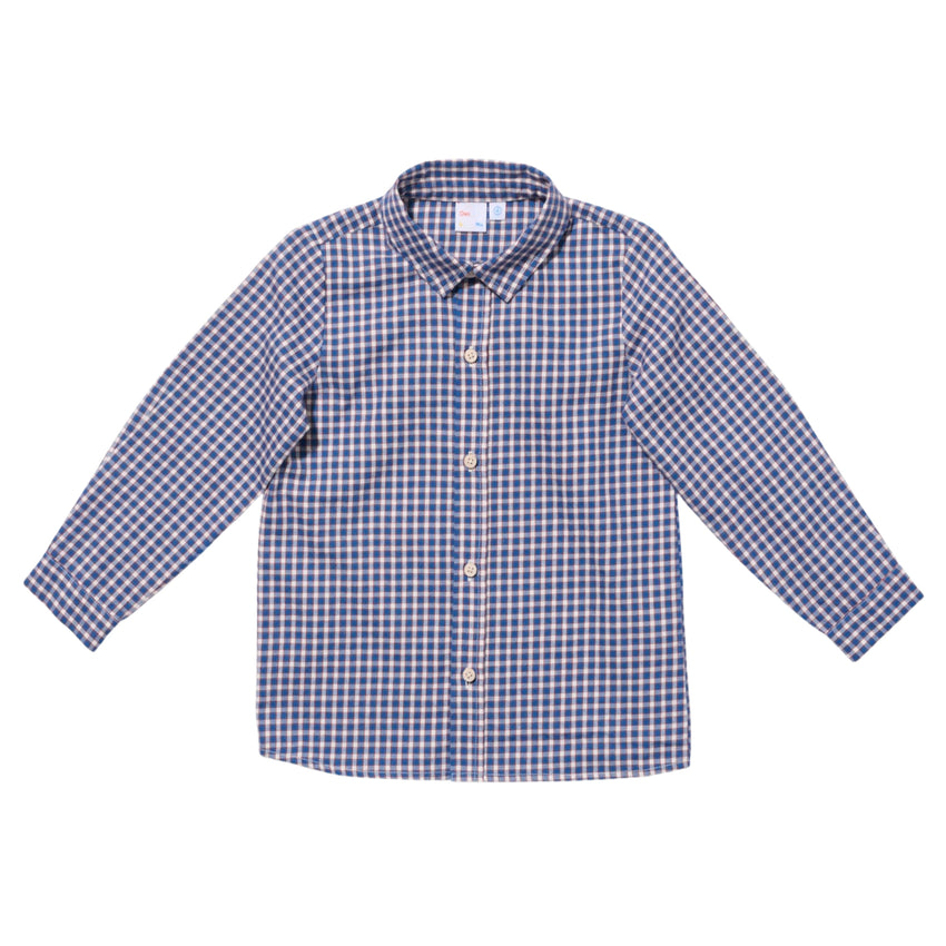 Blue and white checkered shirt on a white background.