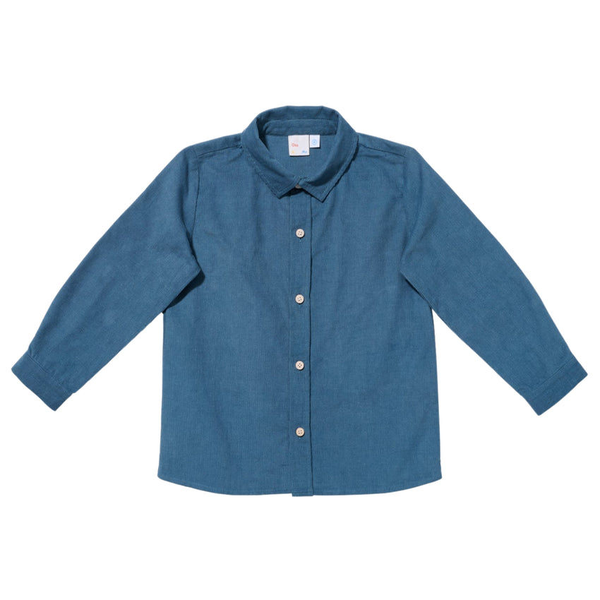 Steel blue shirt with buttons on a white background.