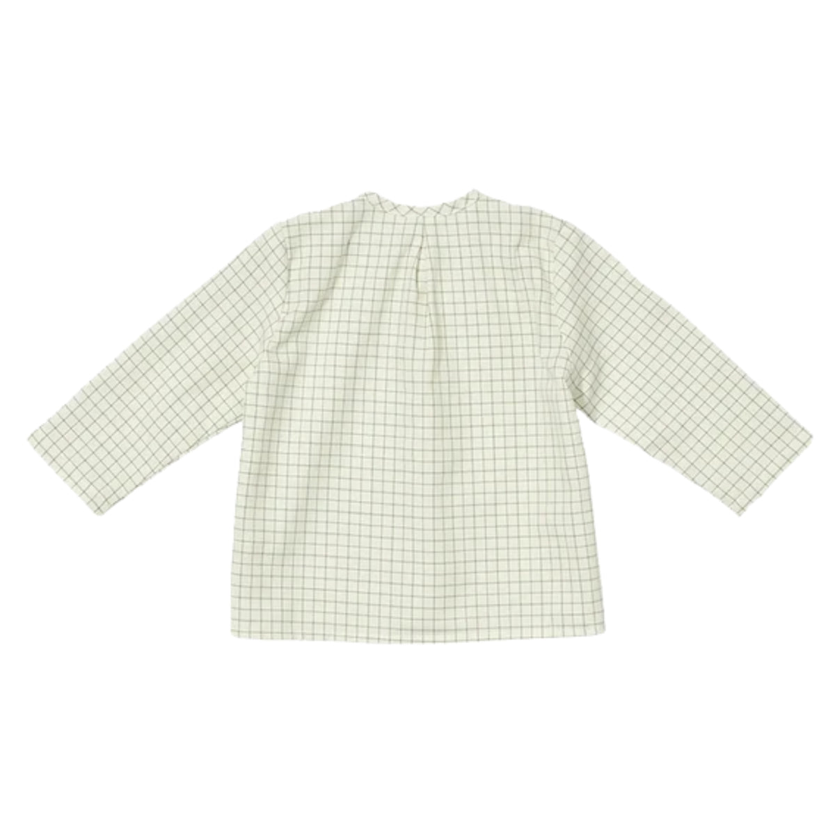 A long-sleeve baby top with a light green and white windowpane check pattern, shown flat against a white background.