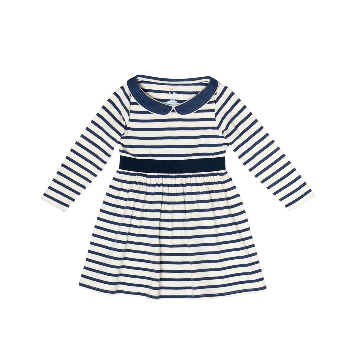 A long-sleeve baby dress with navy blue and white horizontal stripes, featuring a solid navy collar and waistband, displayed flat against a white background.