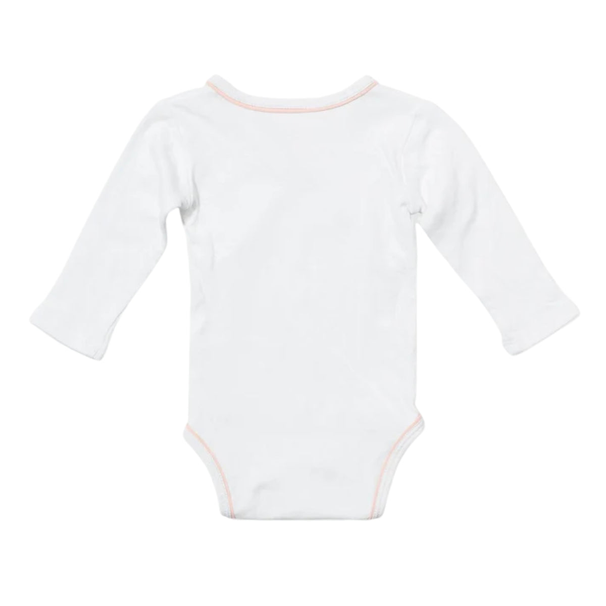 A white long-sleeve baby bodysuit, featuring a thin light pink trim along the neckline and leg openings, set against a plain white background.
