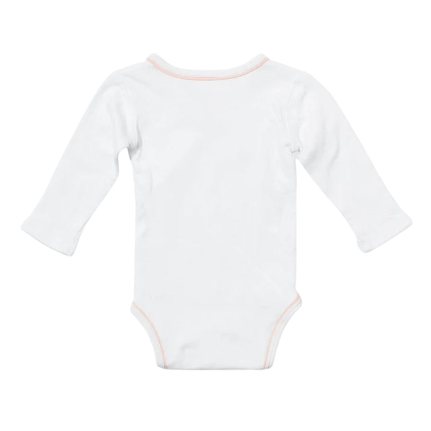 A white long-sleeve baby bodysuit, featuring a thin light pink trim along the neckline and leg openings, set against a plain white background.
