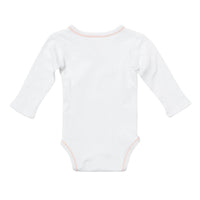 A white long-sleeve baby bodysuit, featuring a thin light pink trim along the neckline and leg openings, set against a plain white background.