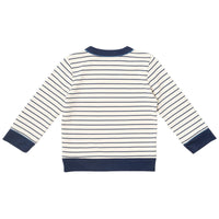 A long-sleeve striped sweater shown from the back, featuring thin navy blue horizontal stripes on an off-white background, with solid navy ribbed trim at the collar, cuffs, and hem.