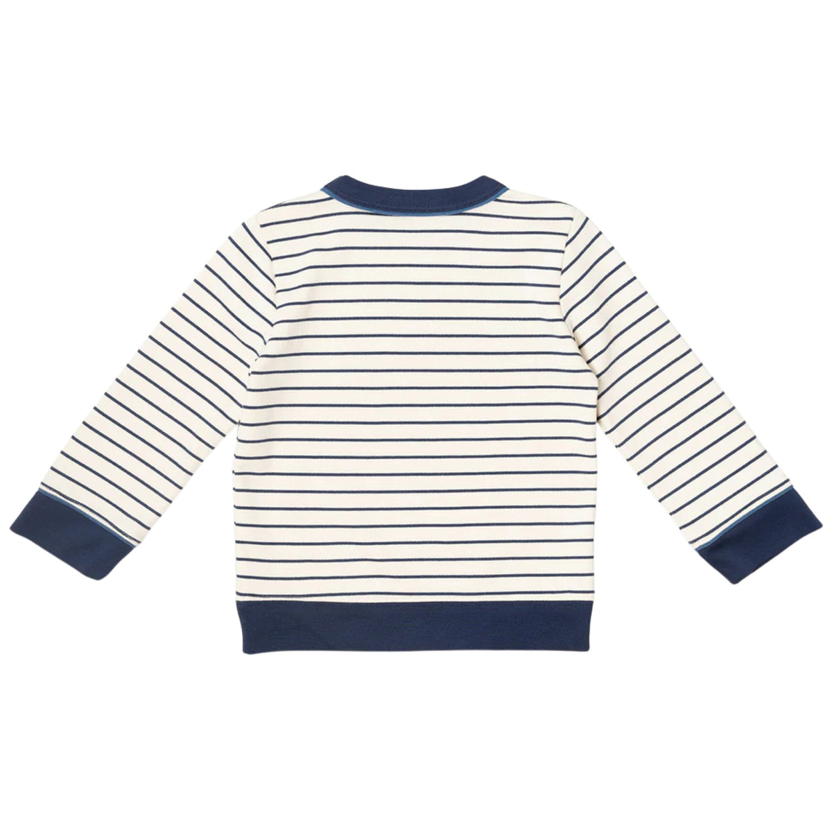 A long-sleeve striped sweater shown from the back, featuring thin navy blue horizontal stripes on an off-white background, with solid navy ribbed trim at the collar, cuffs, and hem.