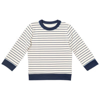 Sweatshirt with navy and white stripes on a white background.
