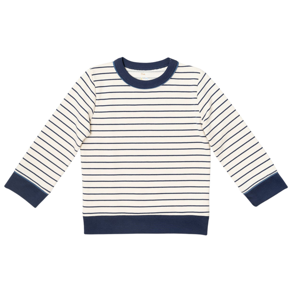 Sweatshirt with navy and white stripes on a white background.