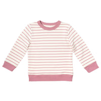 Pink and white striped sweat shirt on a white background.
