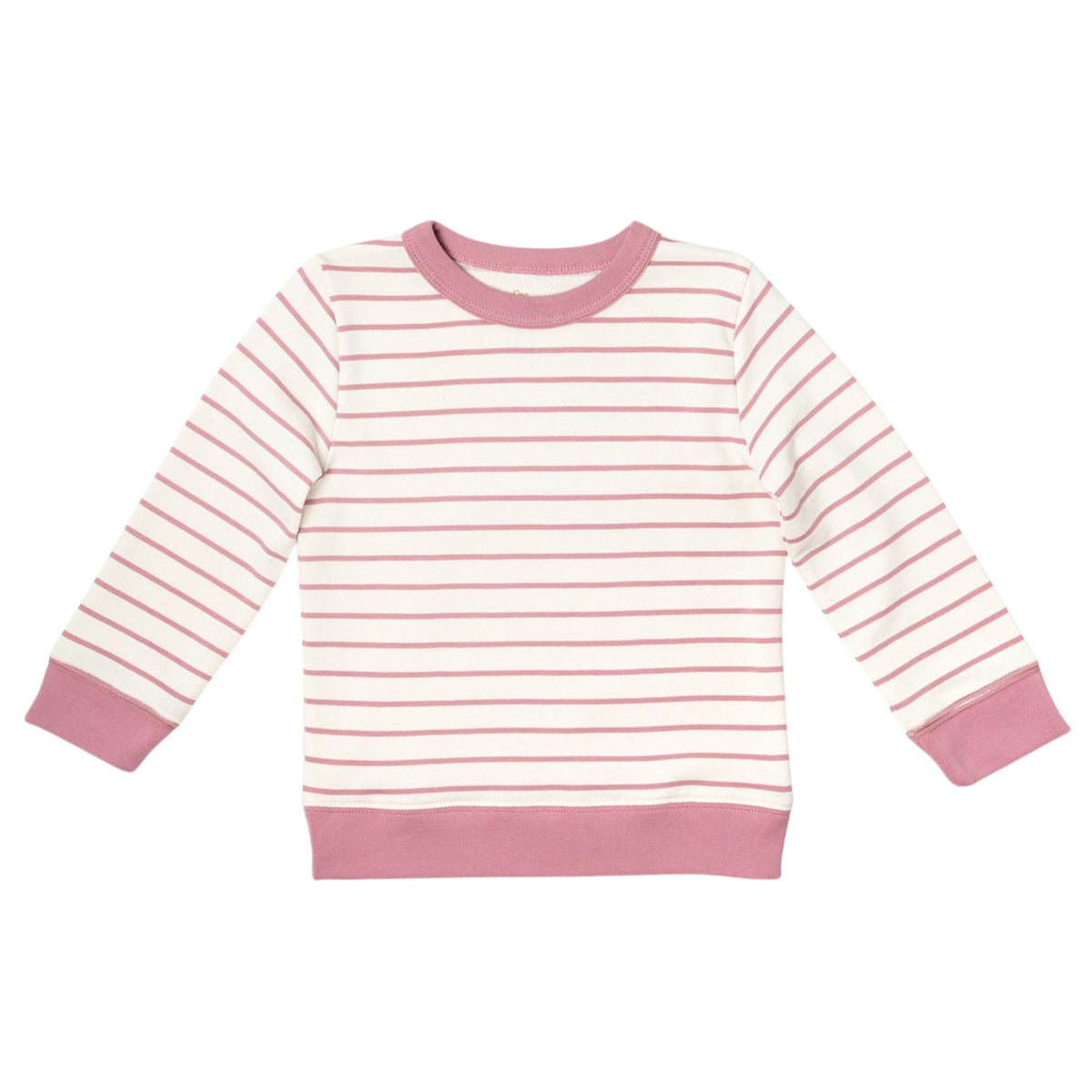 Pink and white striped sweat shirt on a white background.
