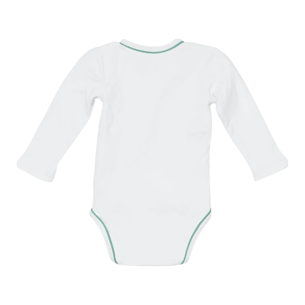 A white long-sleeve baby bodysuit, featuring a thin mint green trim along the neckline and leg openings, set against a plain white background.