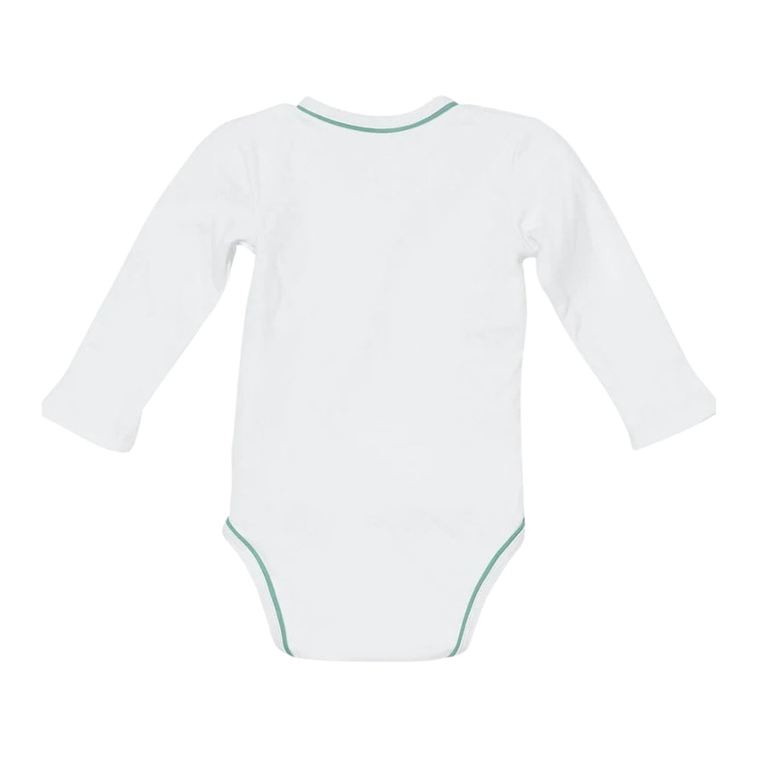 A white long-sleeve baby bodysuit, featuring a thin mint green trim along the neckline and leg openings, set against a plain white background.