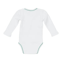 A white long-sleeve baby bodysuit, featuring a thin mint green trim along the neckline and leg openings, set against a plain white background.